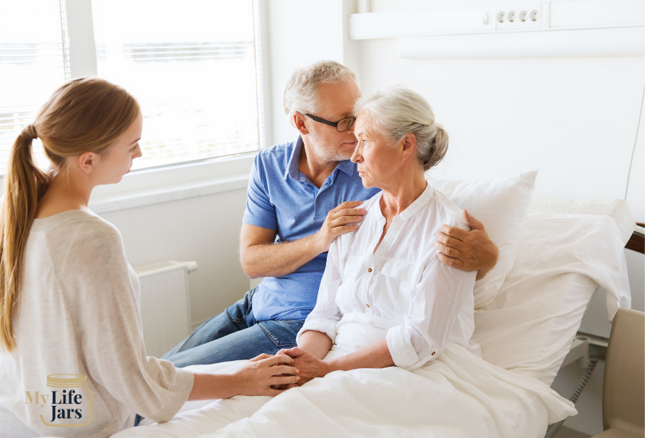 elderly woman in hospital bed with husband and daughter by her side discussing advance care directive
