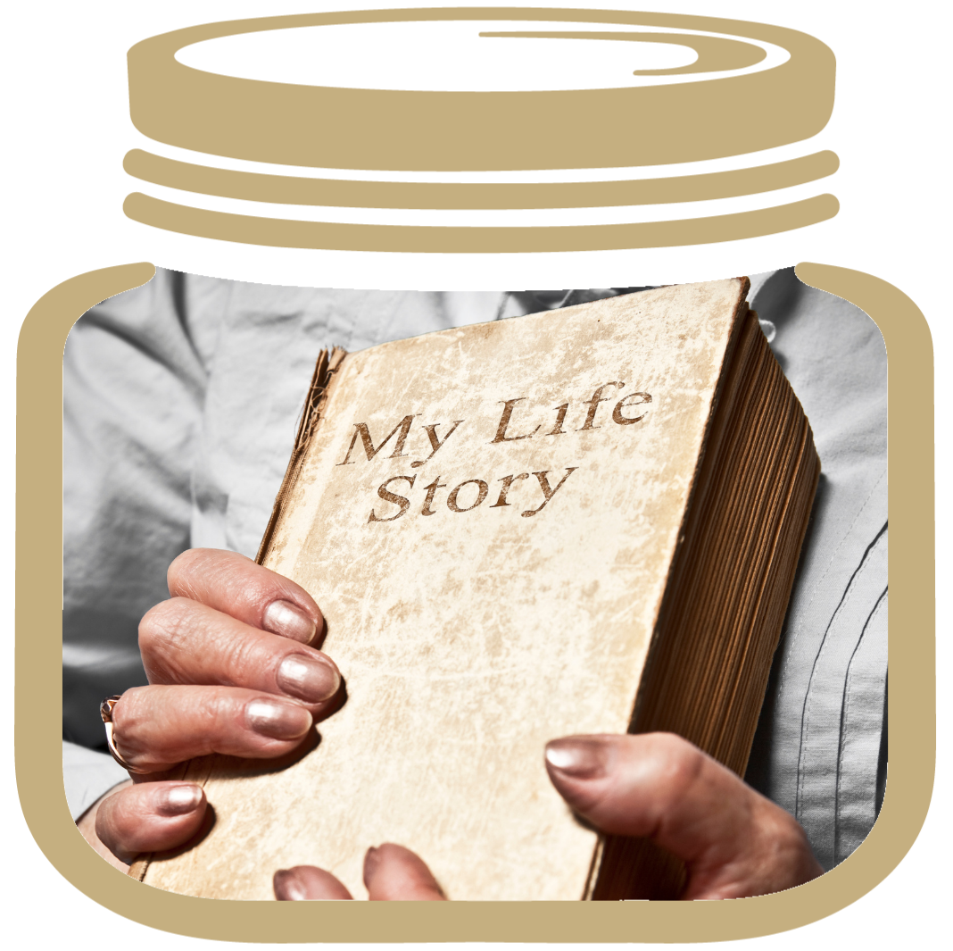 Gold My LifeJar with a woman's hands holding a tattered book that has "My Life Story" on the cover