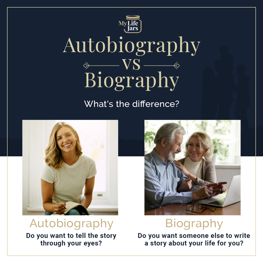 Navy blue background with two images comparing the difference between autobiography verses biography man and a woman looking at a laptop. and another image of a woman journaling
