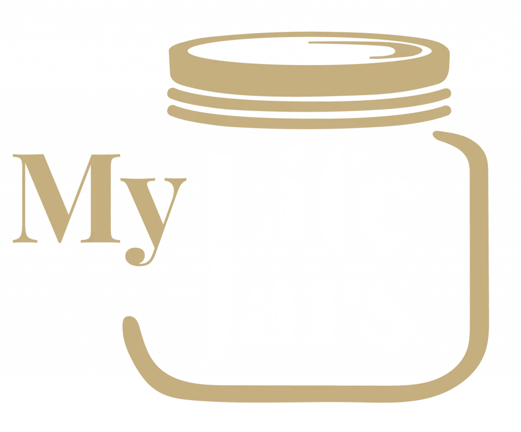 My LifeJars logo, gold jar, white and gold writing