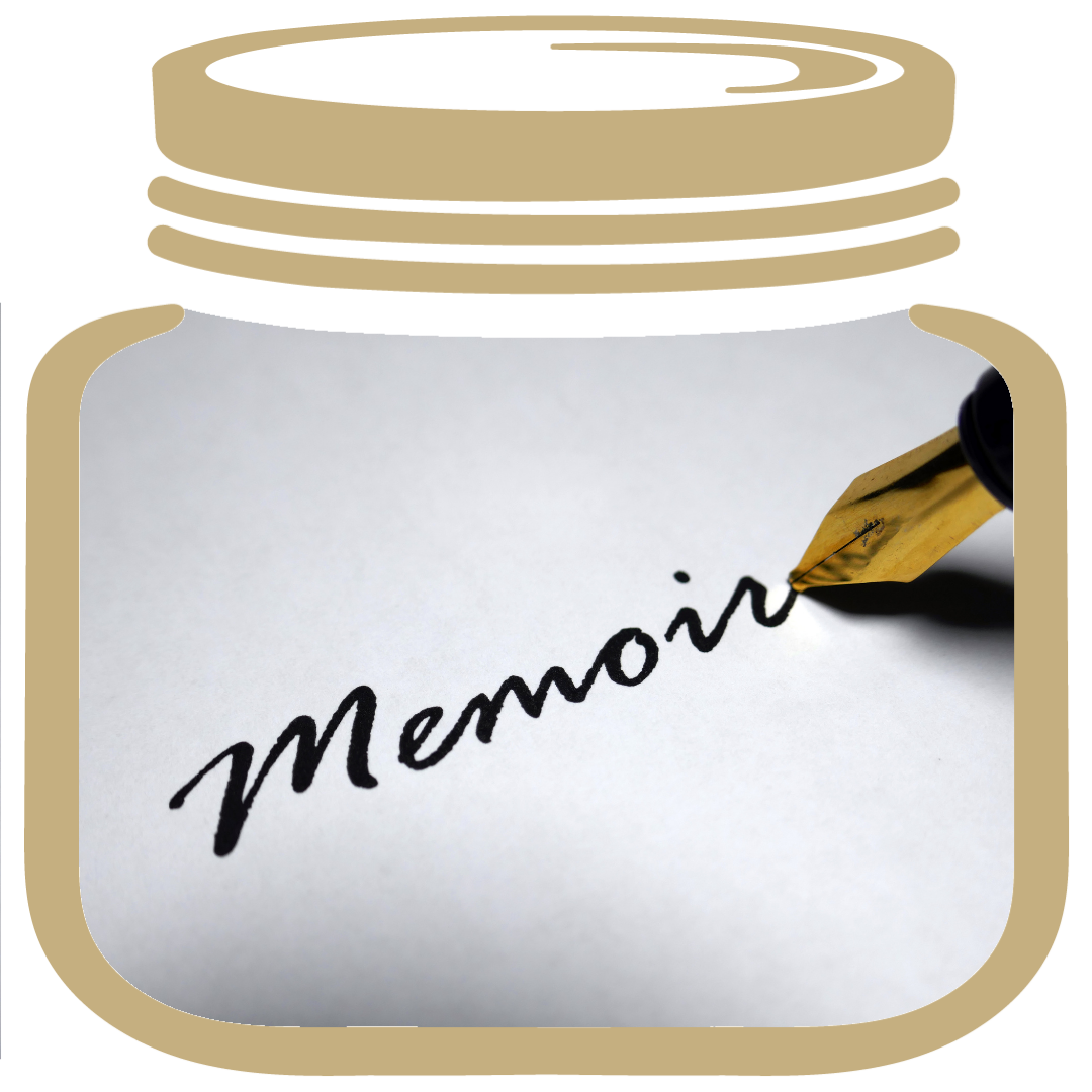 Gold My LifeJar inside a pen writing the word "memoir"
