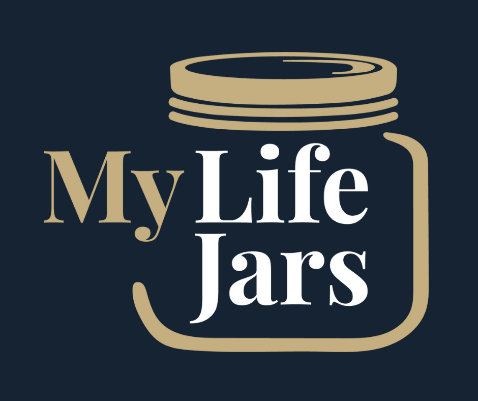 My LifeJars Logo, gold and white, on a blue background