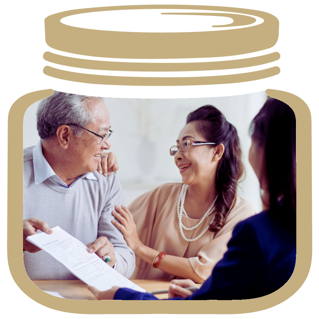 Gold My LifeJar, inside a husband and wife sitting with a lawyer smiling because they are organizing their life with estate planning