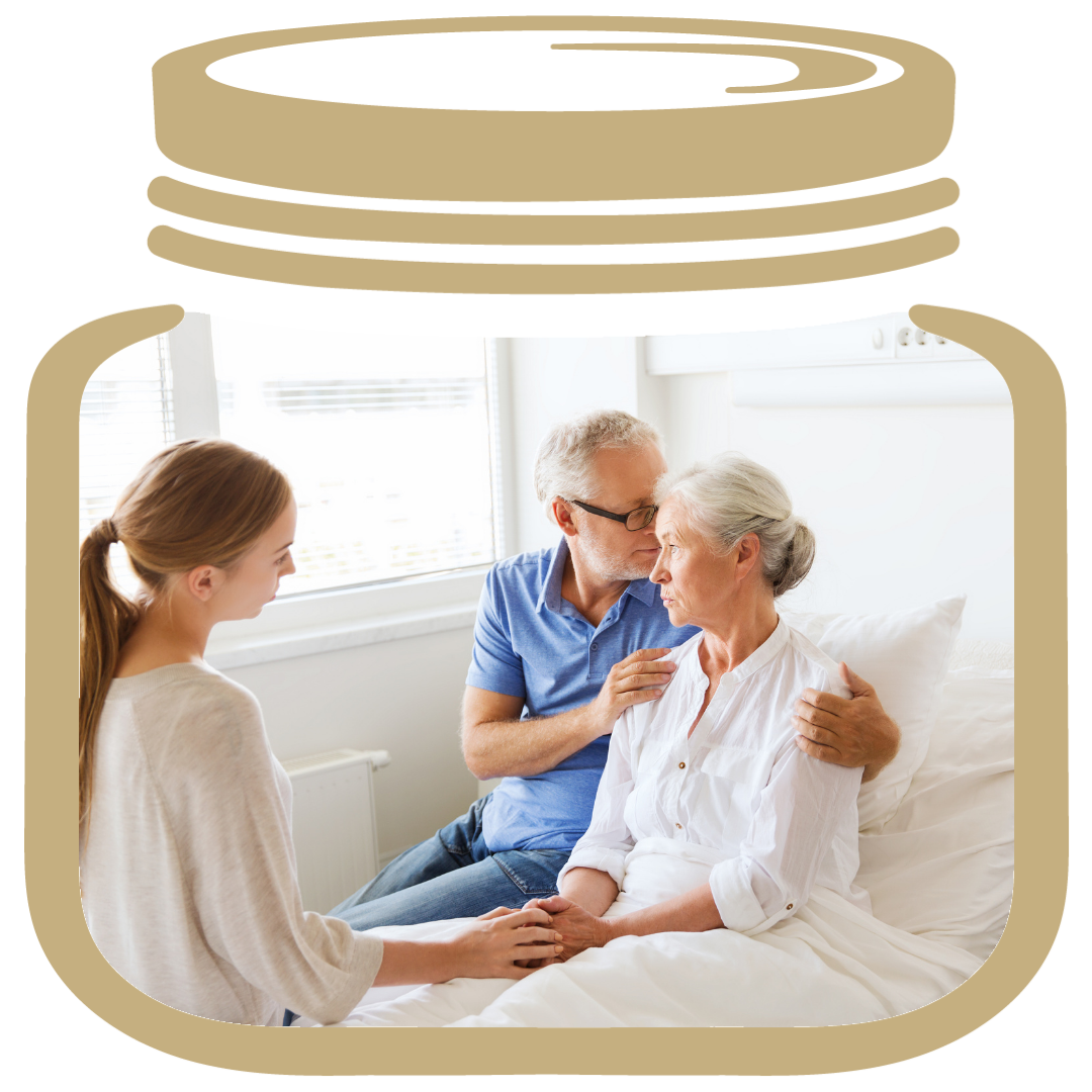 Gold My LifeJar, inside a husband is sitting with his wife in a hospital bed, their daughter is sitting at the foot, talking about setting up an advance care directive