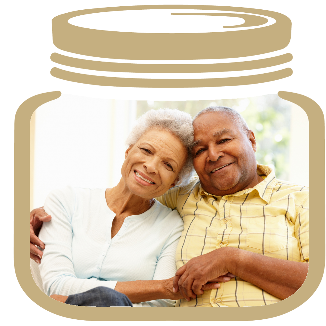 Gold My LifeJar, inside a elderly husband and wife smiling and holding hands because they were asked to "organize your life" and they did.