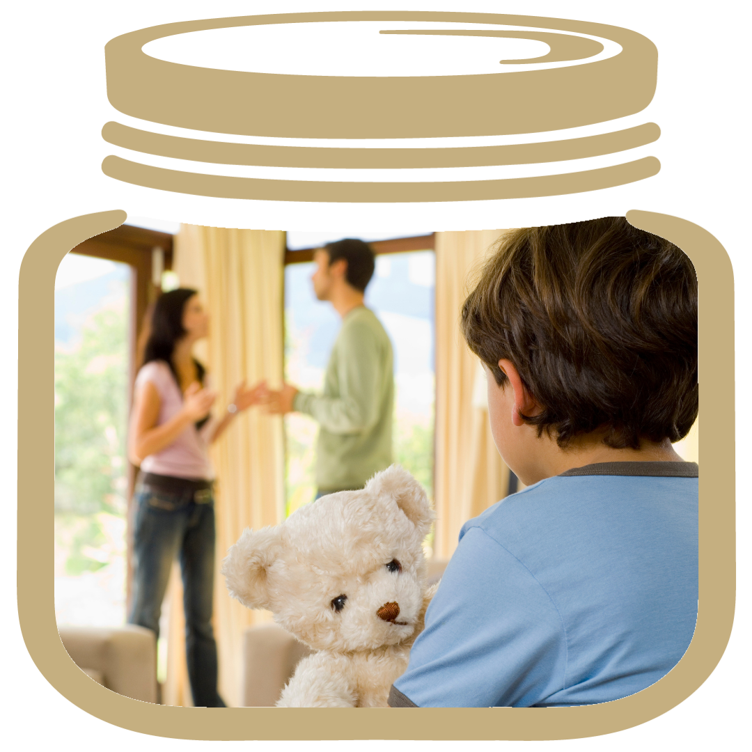 Gold My LifeJar, inside a little boy holding a bear watching his parents fight about family law organize your life 
