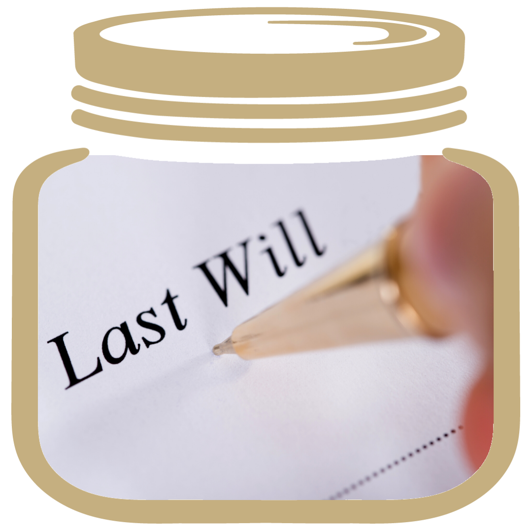 Gold My LifeJar to organize your life, inside is someone writing "last will"