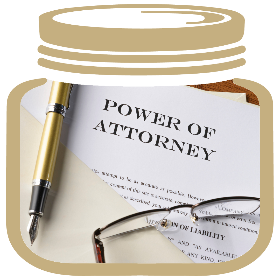 Gold My LIfeJar, inside a folder to organize your life with a power of attorney document, a pen, and reading glasses