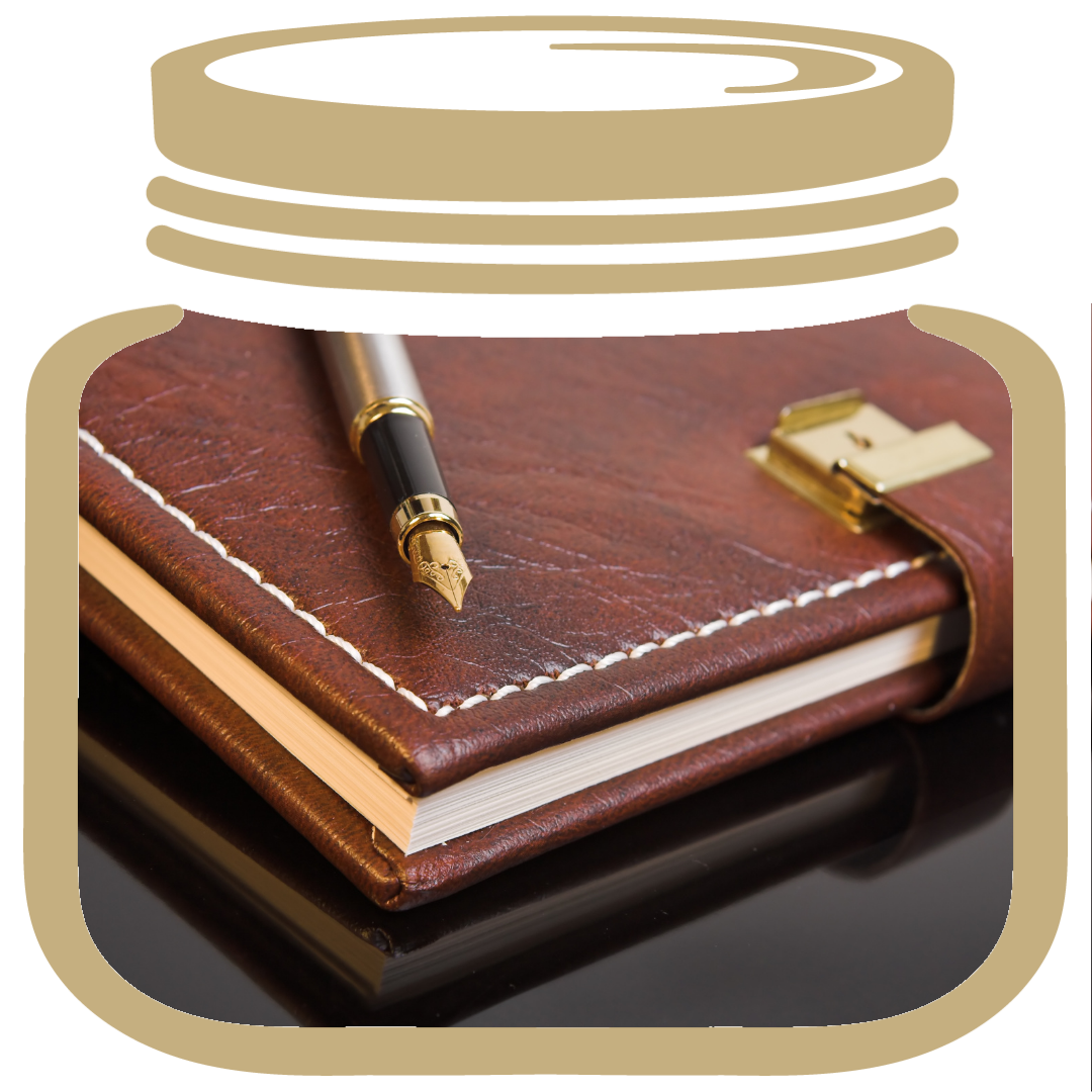 Gold My LifeJar, inside is a brown diary with a lock and a pen to start journal your life