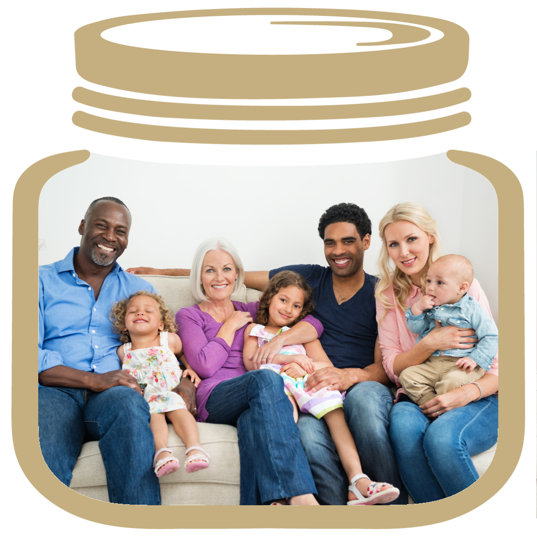 Gold My LifeJar with a multiracial and generational family sitting on a beige couch smiling for a family picture