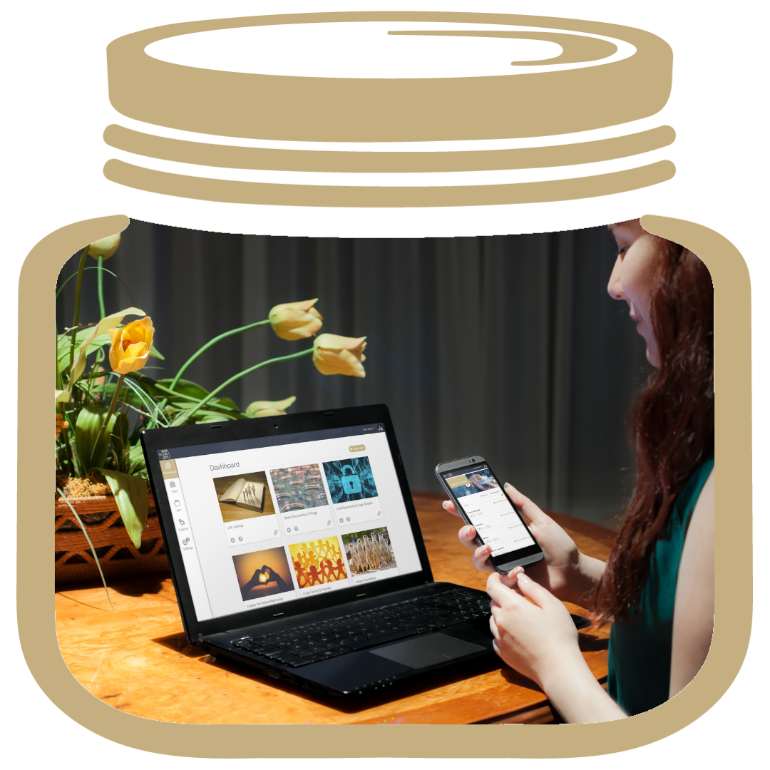 a gold jar, inside a woman on her phone and tablet looking at digital legacy and yellow flowers on her desk