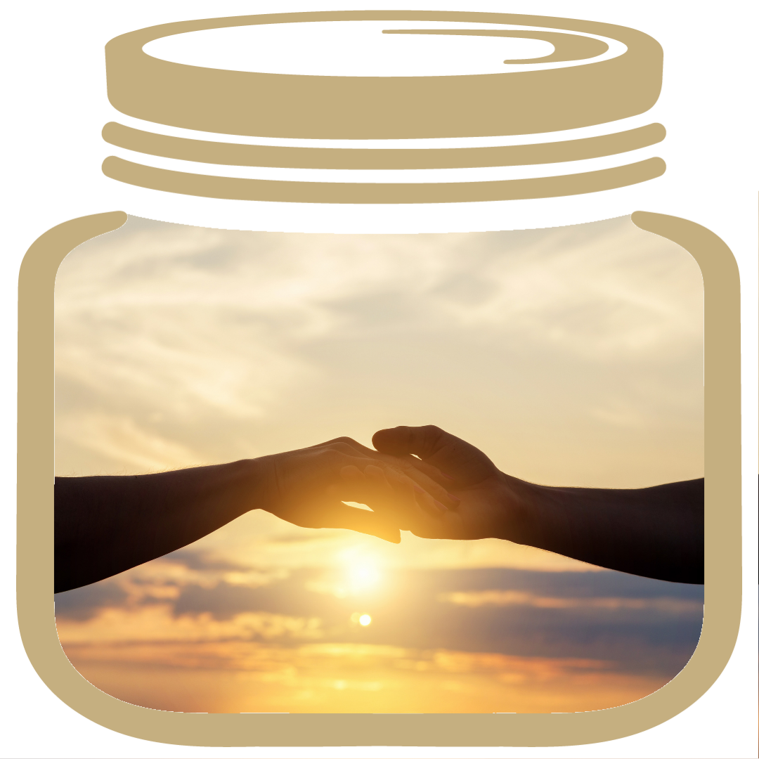 a gold jar, inside a setting sun, two hands holding each other to represent legacy memorial